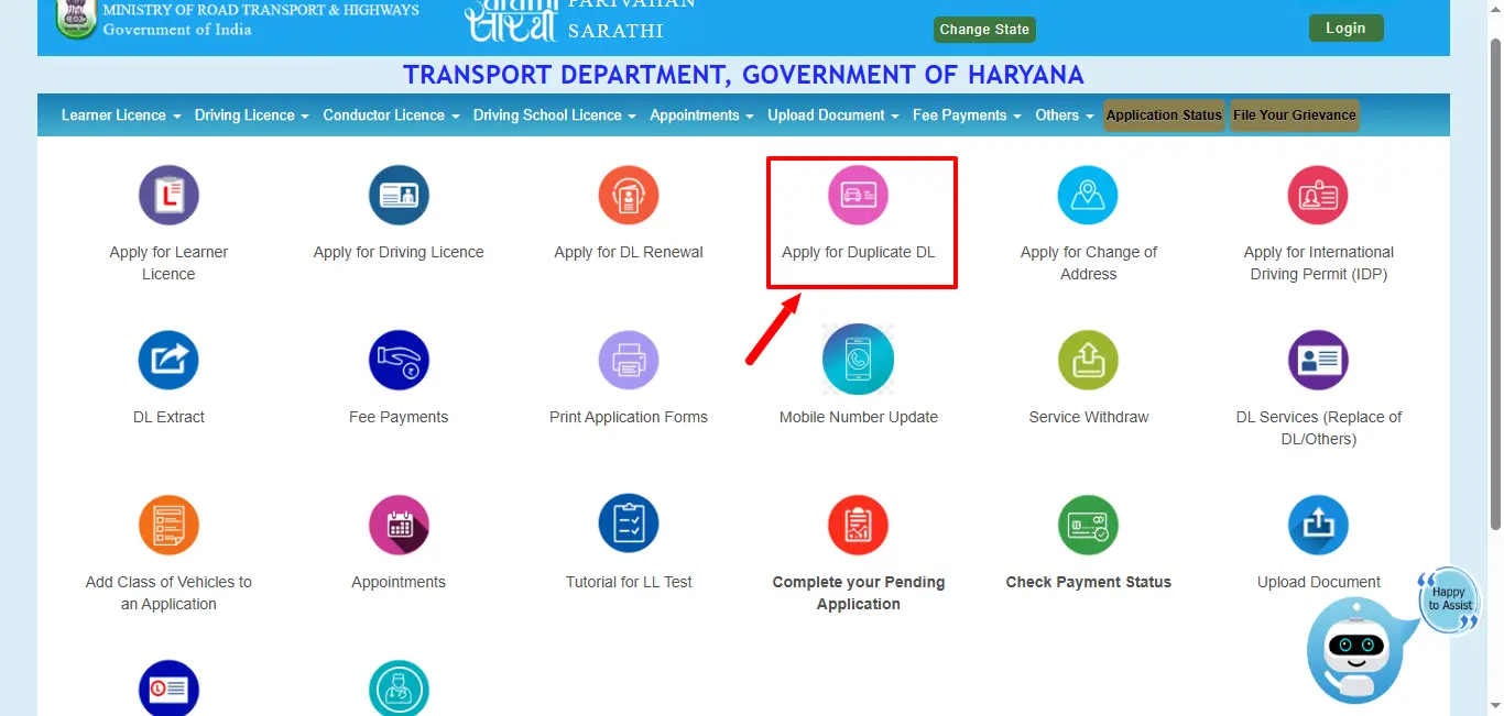 Select the Duplicate Licence Option - Parivahan Sewa Portal